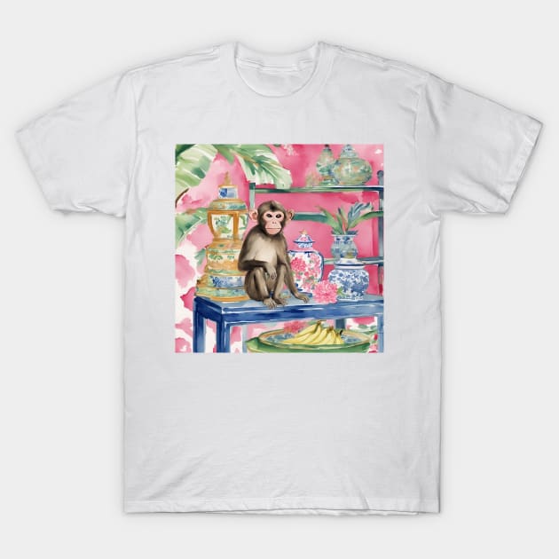 Monkey in chinoiserie interior with bananas T-Shirt by SophieClimaArt